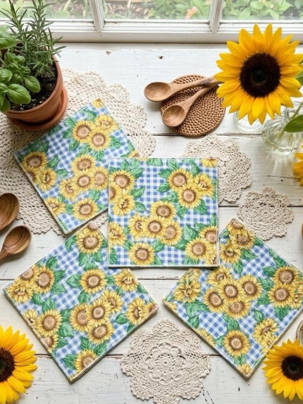 Vintage Set Of (4) Sunflower Plaid Farmhouse Cottage Cloth Napkins